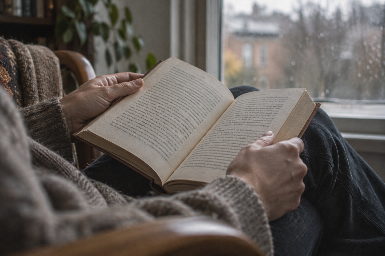 Открытая книга на коленях читателя